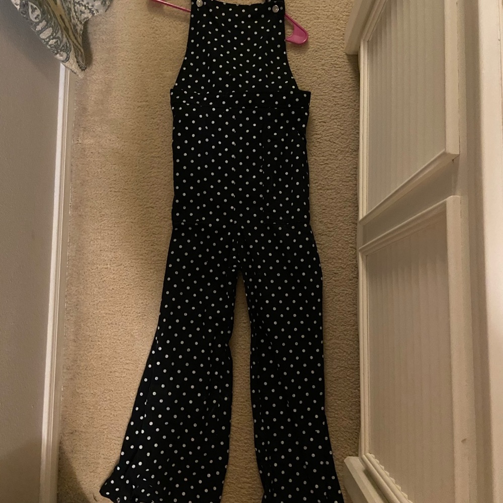 top shop navy and white polka dotted overalls